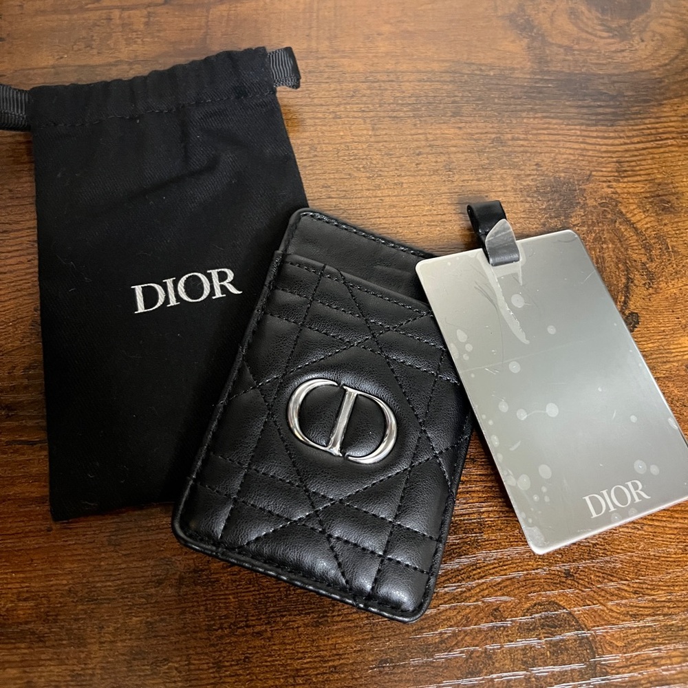 Dior Black Leather Phone Card Holder with 3M Adhesive, mirror, fits most